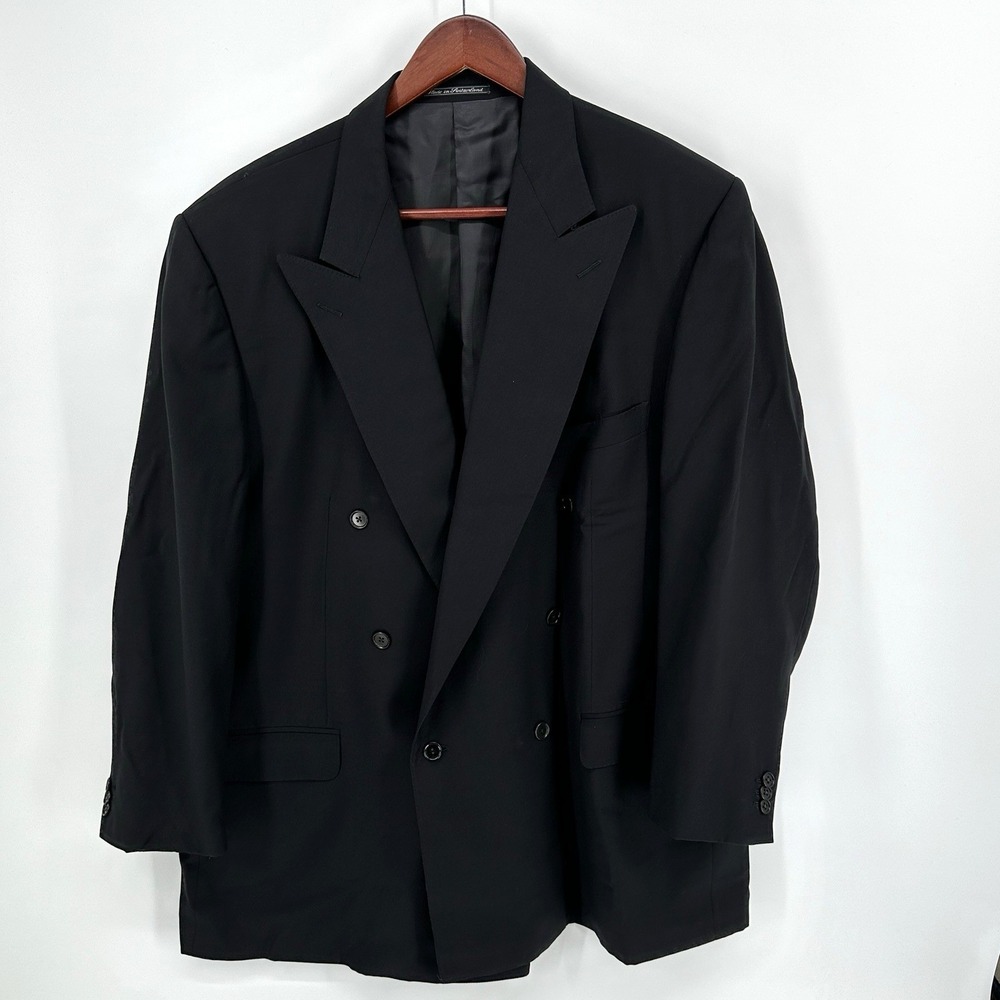 Ermenegildo Zegna Suit Jacket Mens 52L Black Wool Double-Breasted Peak Lapel